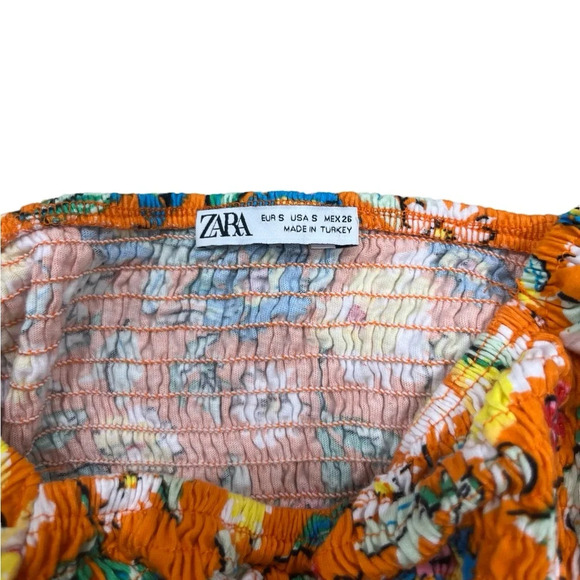 Zara Orange Floral  Print Puff Sleeve Flounce Crop Top Size Small - Picture 5 of 7